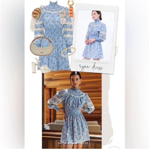 HUNTER BELL Blue Lace Smocked Neck Ryan Dress Ditsy Floral Sz XS - Picture 4 of 16